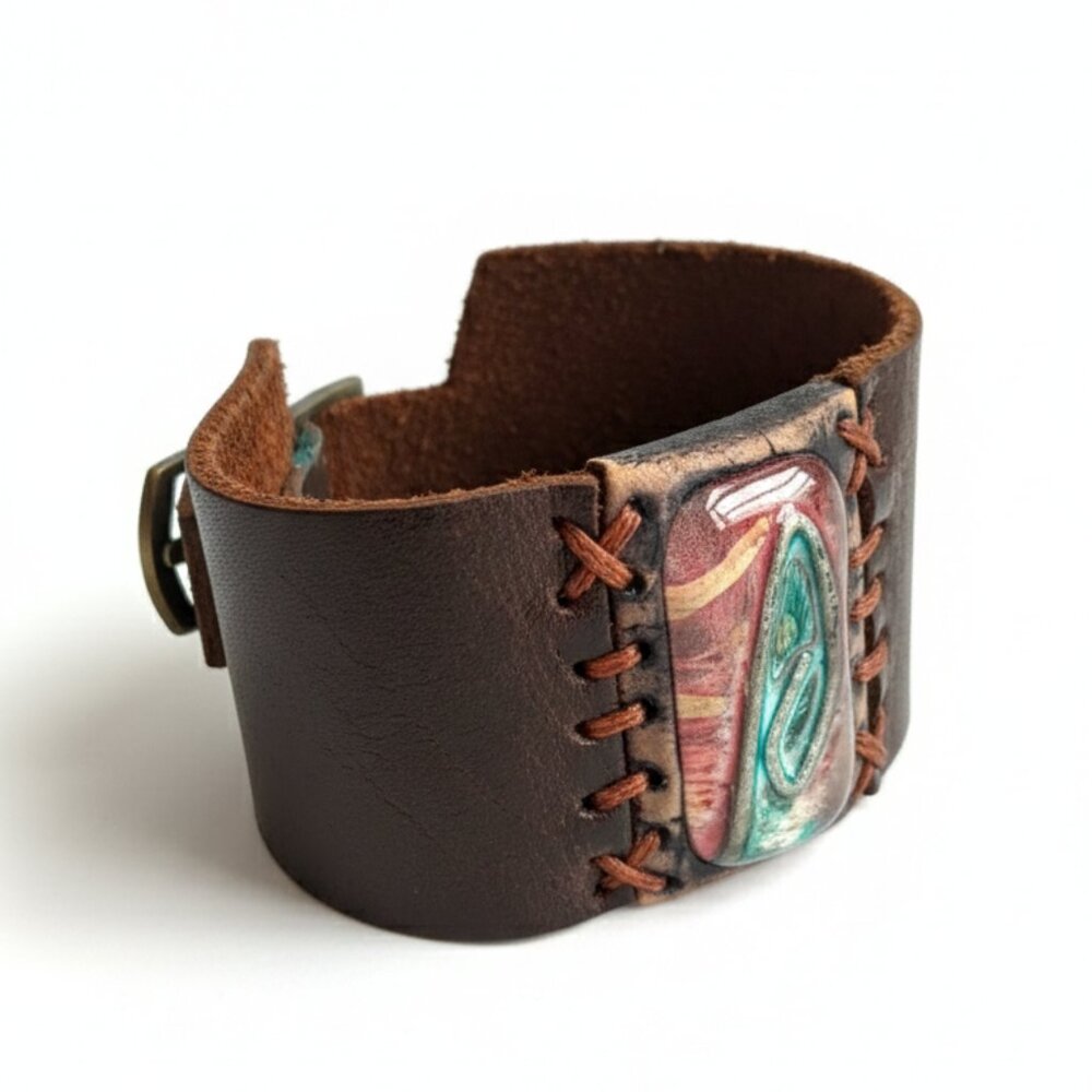 VINTAGE - Brown leather bracelet with unique pink/aqua graphic - Buckle attach